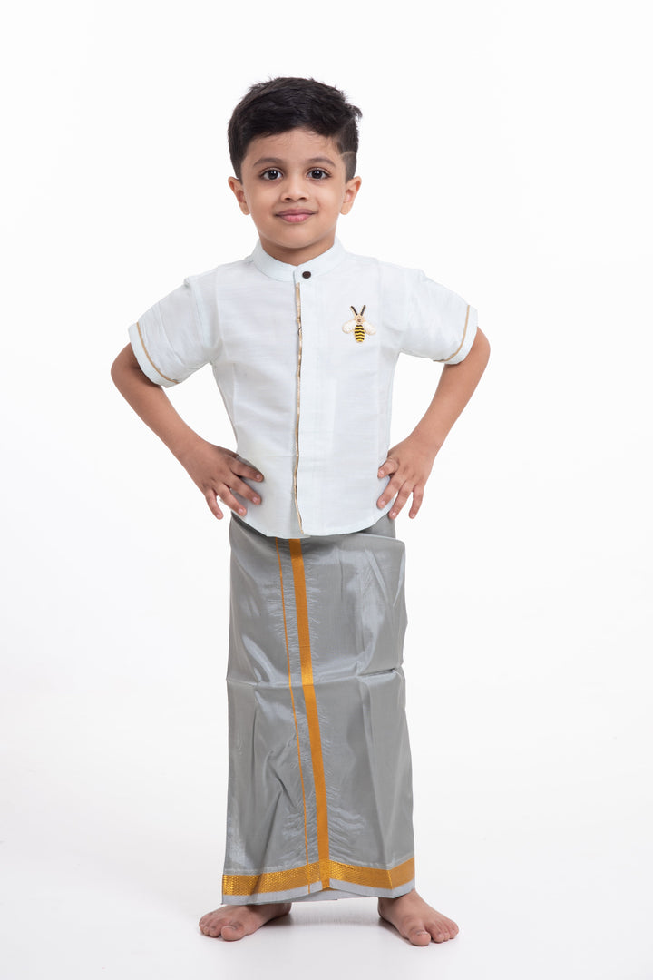 The Nesavu Boys Vesti Boys Traditional Grey Silk Dhoti with Golden Accents Nesavu 14 (6M) / Gray / Blend Silk D008A-14 Buy Boys Grey Silk Dhoti with Golden Design Online | Traditional Kids Wear | The Nesavu