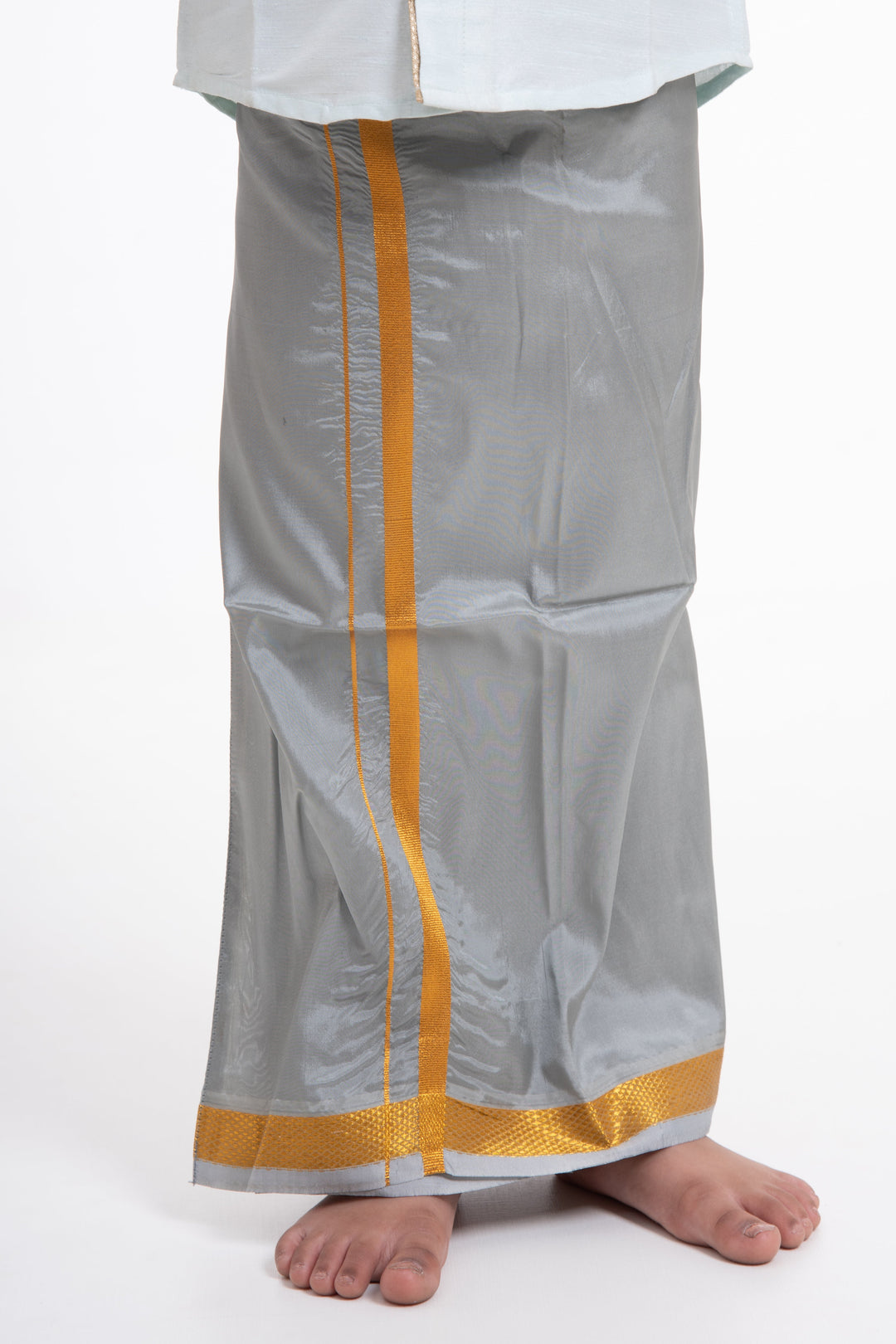 The Nesavu Boys Vesti Boys Traditional Grey Silk Dhoti with Golden Accents Nesavu Buy Boys Grey Silk Dhoti with Golden Design Online | Traditional Kids Wear | The Nesavu