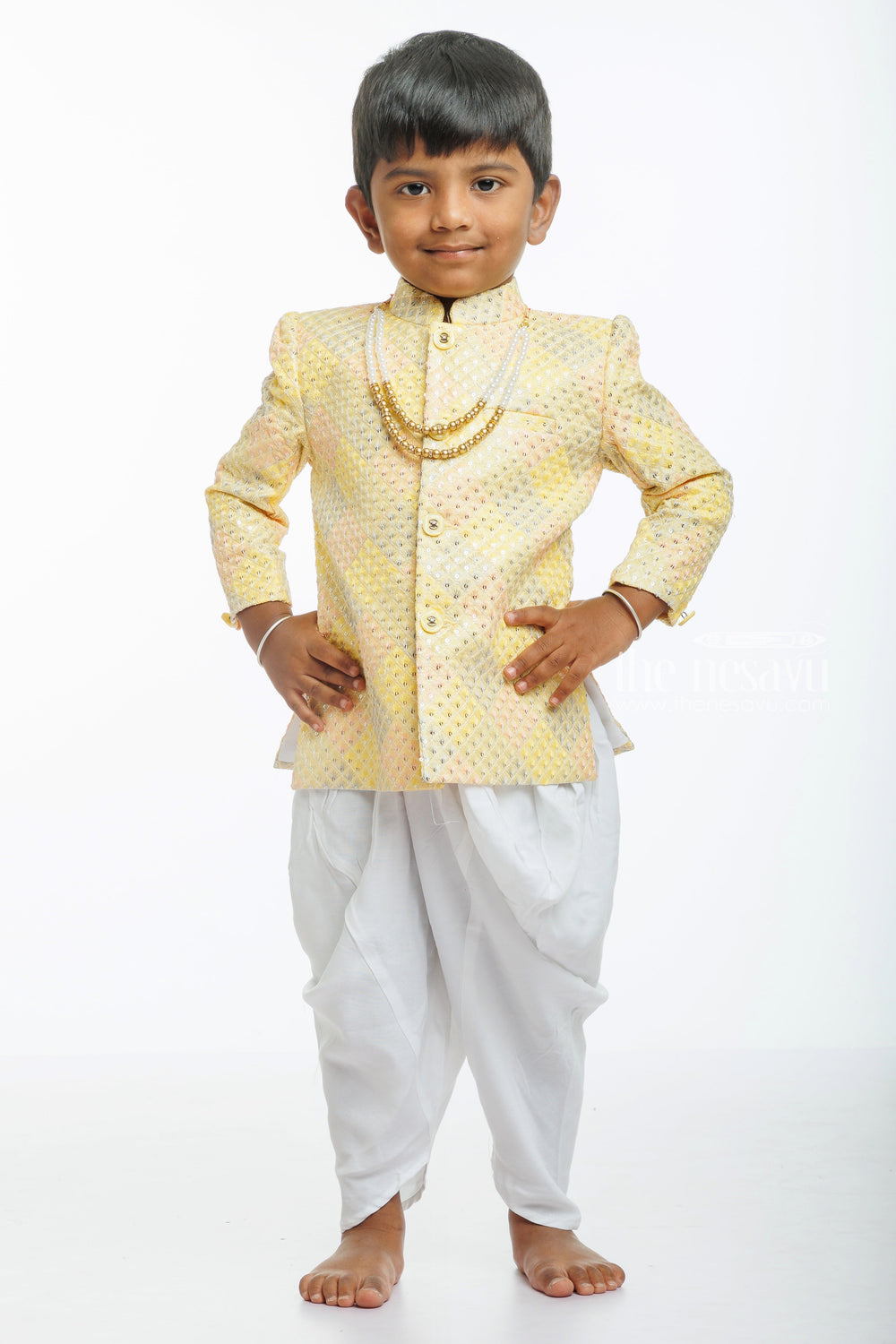 The Nesavu Boys Dothi Set Boys Traditional Kurta with Silk Dhoti Set in Pastel Yellow Nesavu 14 (6M) / Yellow / Blend Silk BES529A-14 Boys Pastel Yellow Kurta and White Silk Dhoti Set | Ideal Festive Wear | The Nesavu