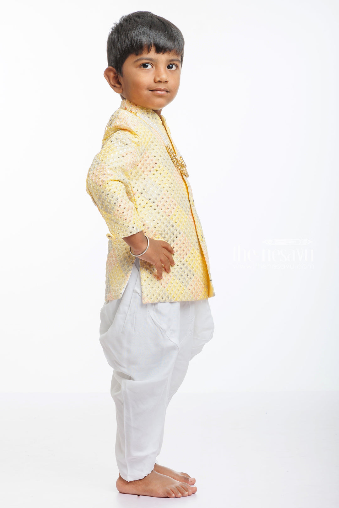 The Nesavu Boys Dothi Set Boys Traditional Kurta with Silk Dhoti Set in Pastel Yellow Nesavu Boys Pastel Yellow Kurta and White Silk Dhoti Set | Ideal Festive Wear | The Nesavu