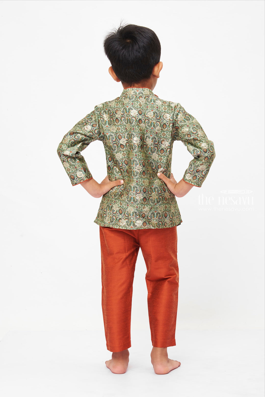 The Nesavu Boys Kurtha Set Boys Traditional Paisley Kurta and Rust Pant Ensemble Nesavu Boys Paisley Print Kurta Set with Rust Pants | Traditional Festive Wear