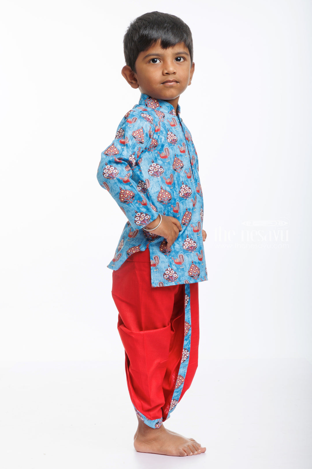 The Nesavu Boys Dothi Set Boys Traditional Peacock Blue Kurta with Red Dhoti Set Nesavu Shop Boys Peacock Blue and Red Dhoti Kurta Set for Festive Wear | The Nesavu