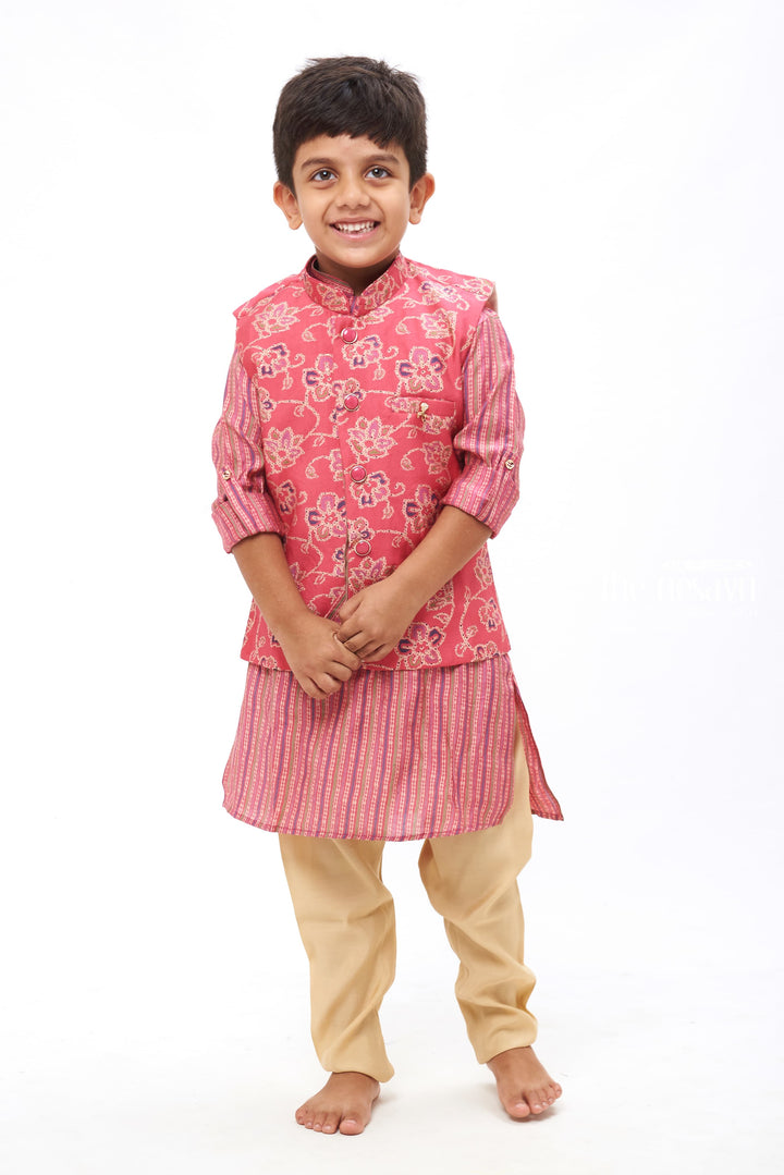 The Nesavu Boys Jacket Sets Boys Traditional Pink Kurtha with Floral Overcoat and Striped Jacket Set Nesavu 10 (NB) / Pink / Blend Silk BES452B-10 Classic Kurta with Elegant Jacket | Traditional Pant Set | The Nesavu