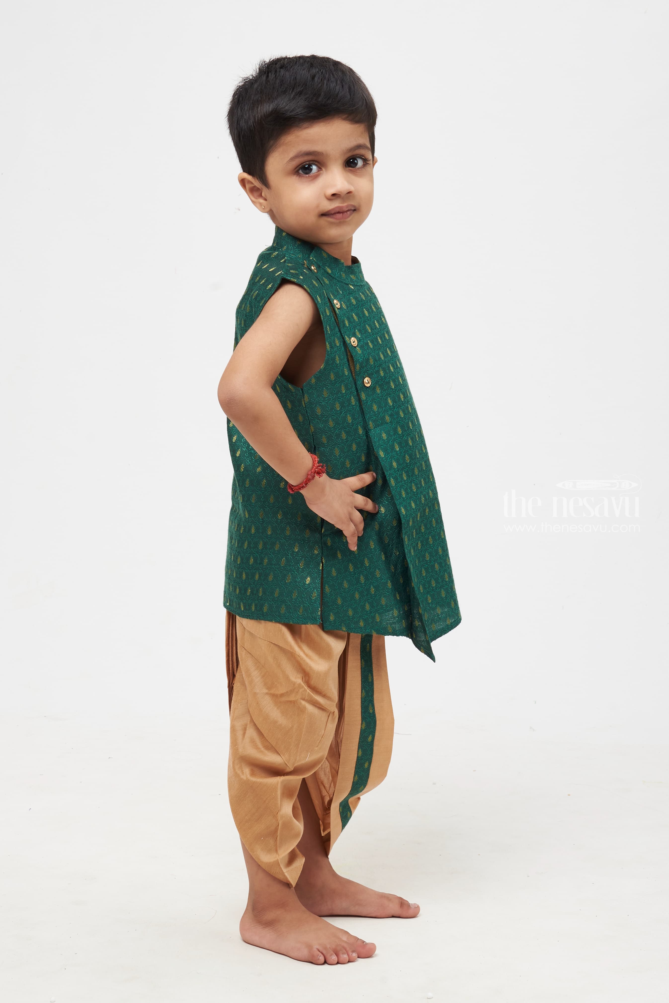 Boys Green Kurta with Golden Panchagajam Timeless Look for Traditional Events The Nesavu The Nesavu