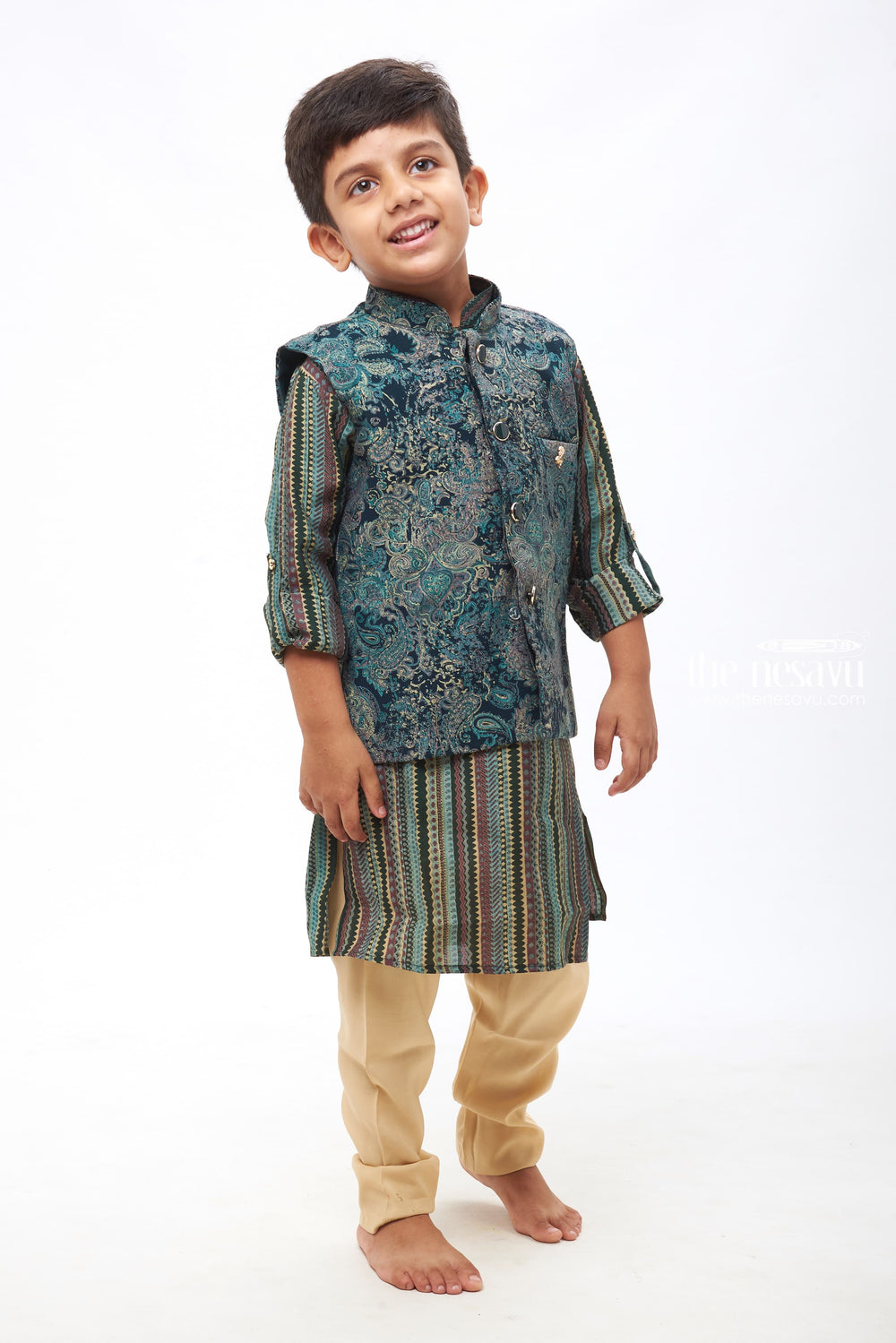 The Nesavu Boys Jacket Sets Boys Traditional Teal Kurtha with Intricate Floral Overcoat and Geometric Striped Jacket Nesavu 10 (NB) / Blue / Blend Silk BES453A-10 Timeless Kurta and Jacket Ensemble | Authentic Pant Collection | The Nesavu