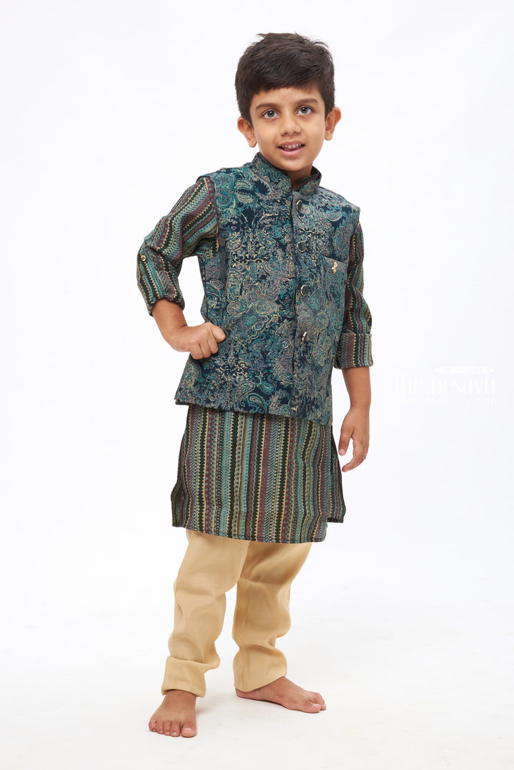 The Nesavu Boys Jacket Sets Boys Traditional Teal Kurtha with Intricate Floral Overcoat and Geometric Striped Jacket Nesavu Timeless Kurta and Jacket Ensemble | Authentic Pant Collection | The Nesavu