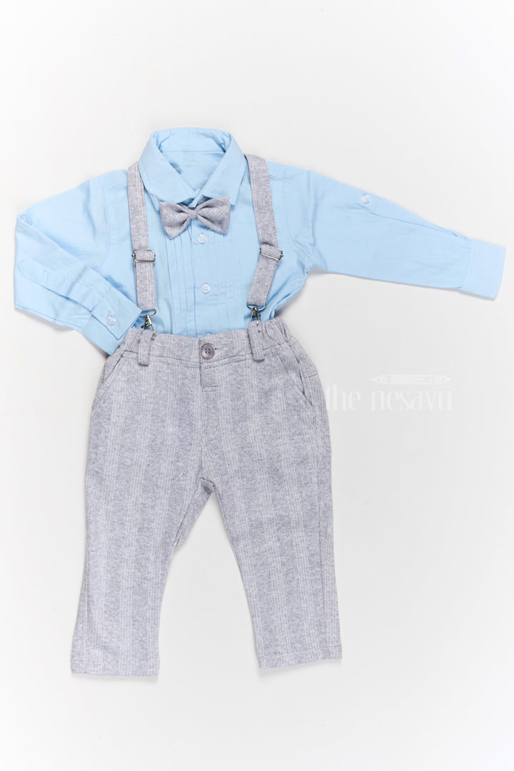 The Nesavu Boys Casual Set Boys Trendy Cotton Dungaree Set with Blue Shirt and Bow Tie for Stylish Casual Wear Nesavu 12 (3M) / Blue BCS203B-12 Nesavu Boys Trendy Cotton Dungaree Set Blue Shirt Bow Tie Casual Party Wear