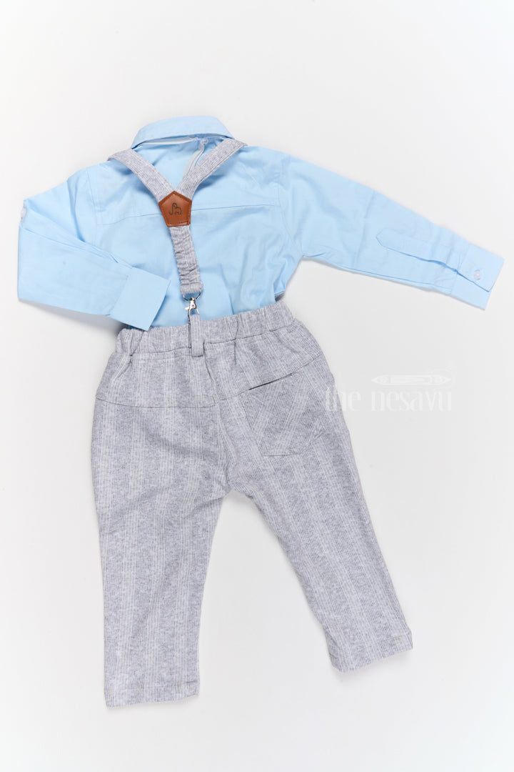 The Nesavu Boys Casual Set Boys Trendy Cotton Dungaree Set with Blue Shirt and Bow Tie for Stylish Casual Wear Nesavu Nesavu Boys Trendy Cotton Dungaree Set Blue Shirt Bow Tie Casual Party Wear