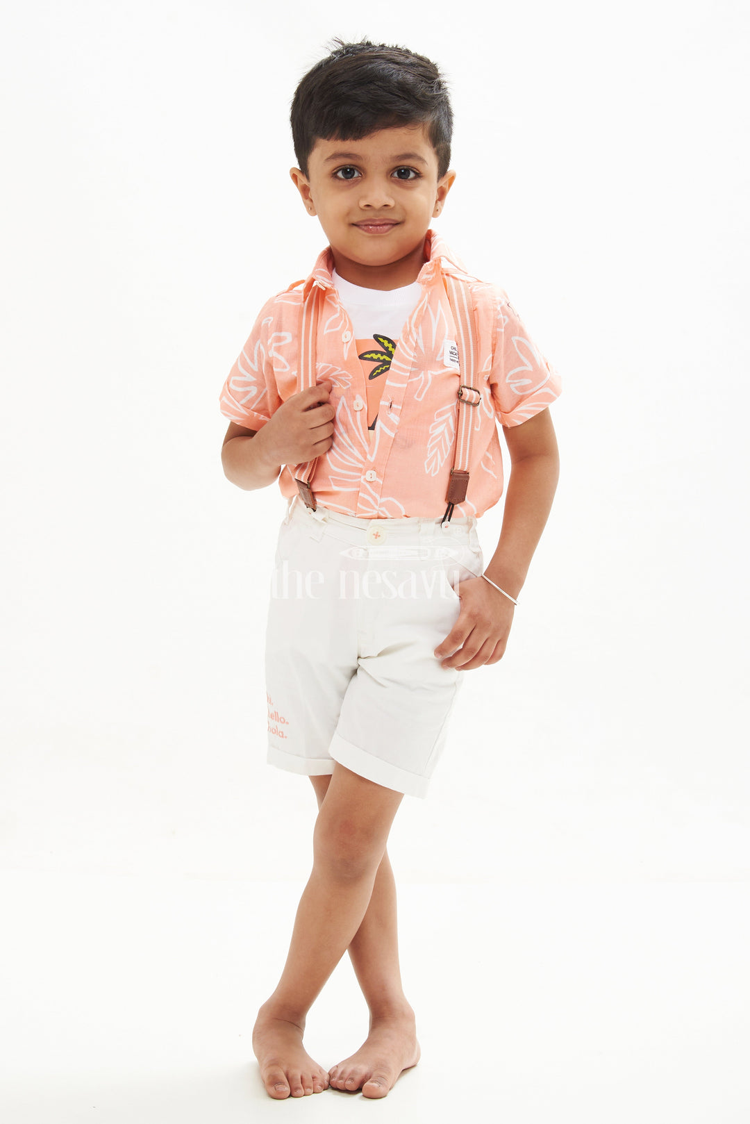 The Nesavu Boys Casual Set Boys' Tropical Beachwear Shirt, Shorts, and Suspenders Set - Peach Nesavu