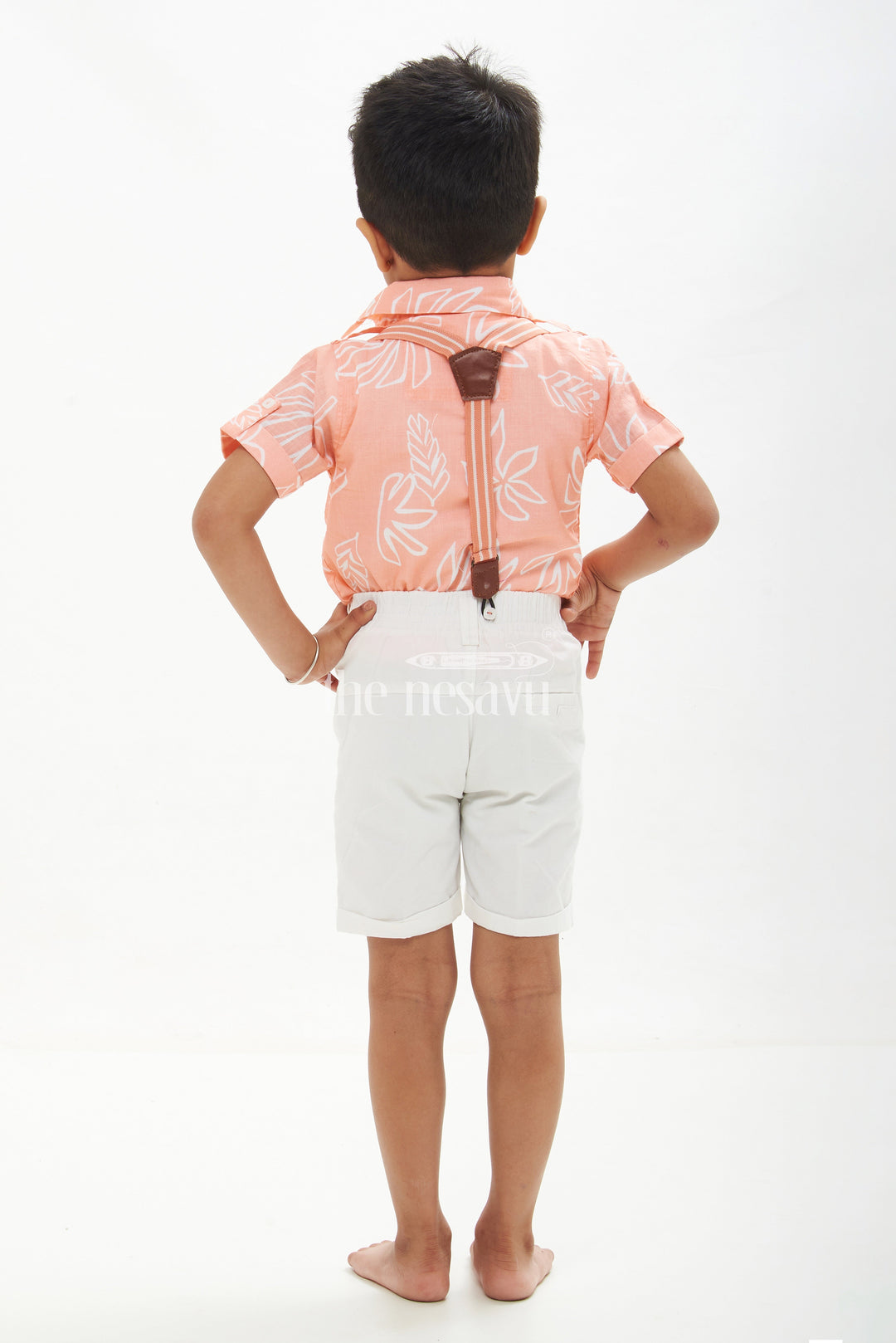 The Nesavu Boys Casual Set Boys' Tropical Beachwear Shirt, Shorts, and Suspenders Set - Peach Nesavu