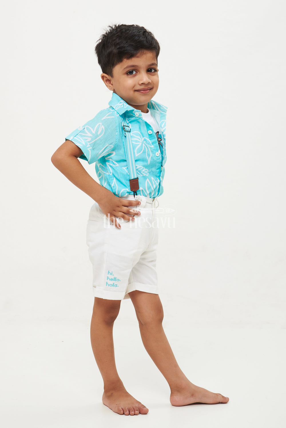 The Nesavu Boys Casual Set Boys' Tropical Beachwear Shirt, Shorts, and Suspenders Set - Turquoise Blue Nesavu