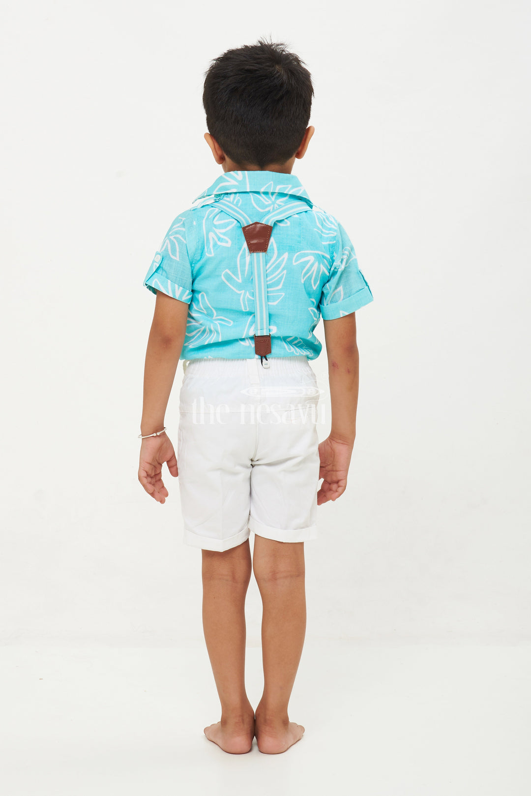 The Nesavu Boys Casual Set Boys' Tropical Beachwear Shirt, Shorts, and Suspenders Set - Turquoise Blue Nesavu