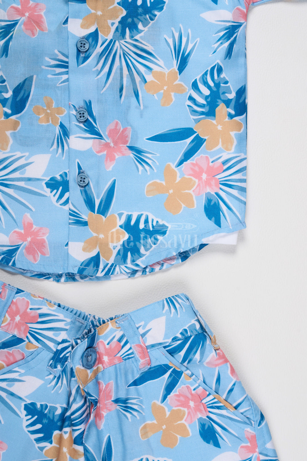 The Nesavu Boys Casual Set Boys Tropical Floral Print Casual Set in Blue and Yellow with Graphic Shirt for Playdates Nesavu Nesavu Boys Blue Tropical Floral Casual Set Graphic Shirt Shorts Summer Playdates