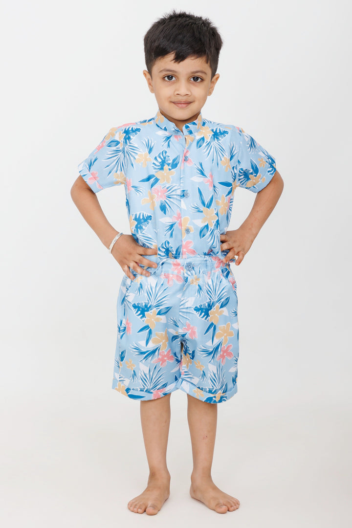 The Nesavu Boys Casual Set Boys Tropical Floral Print Casual Set in Blue and Yellow with Graphic Shirt for Playdates Nesavu Nesavu Boys Blue Tropical Floral Casual Set Graphic Shirt Shorts Summer Playdates