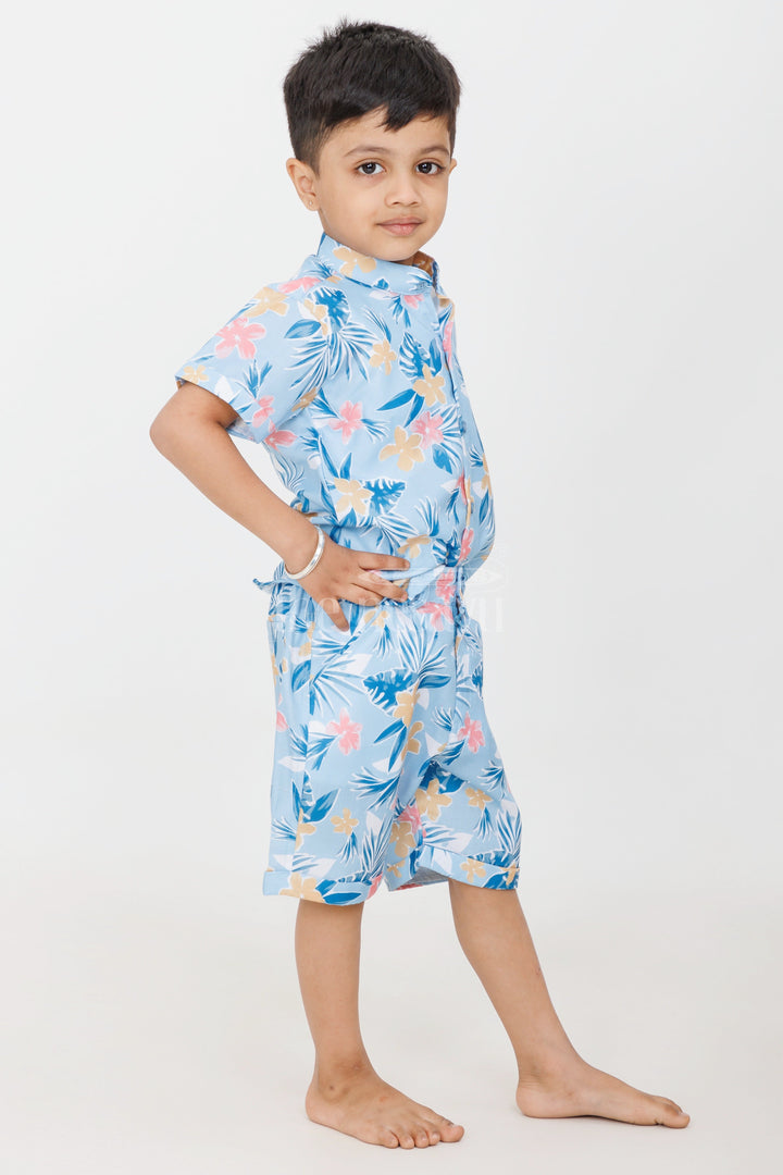 The Nesavu Boys Casual Set Boys Tropical Floral Print Casual Set in Blue and Yellow with Graphic Shirt for Playdates Nesavu Nesavu Boys Blue Tropical Floral Casual Set Graphic Shirt Shorts Summer Playdates