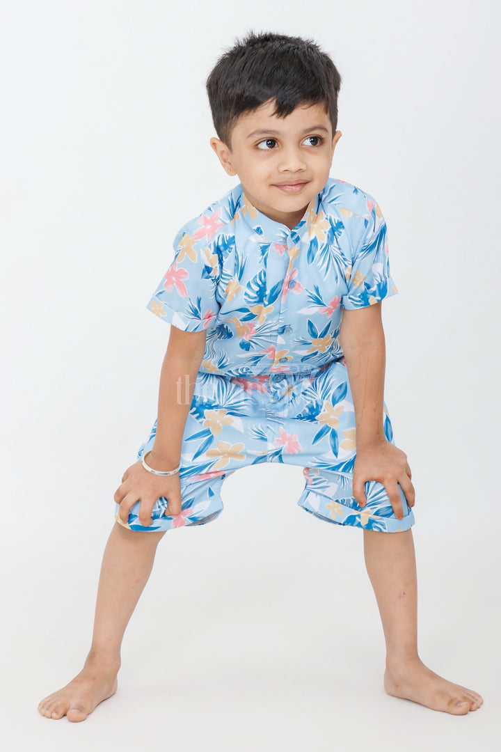 The Nesavu Boys Casual Set Boys Tropical Floral Print Casual Set in Blue and Yellow with Graphic Shirt for Playdates Nesavu Nesavu Boys Blue Tropical Floral Casual Set Graphic Shirt Shorts Summer Playdates