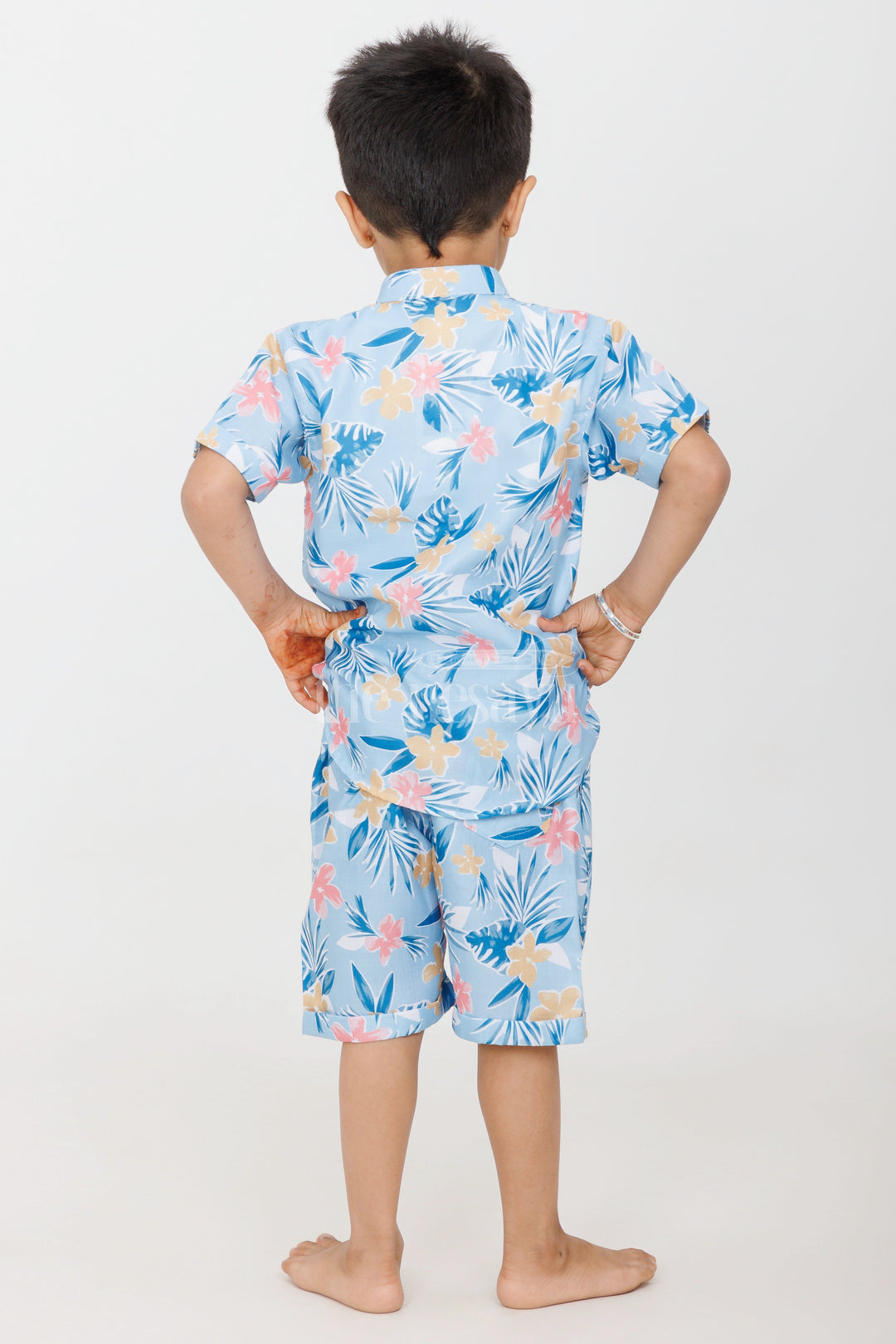 The Nesavu Boys Casual Set Boys Tropical Floral Print Casual Set in Blue and Yellow with Graphic Shirt for Playdates Nesavu Nesavu Boys Blue Tropical Floral Casual Set Graphic Shirt Shorts Summer Playdates