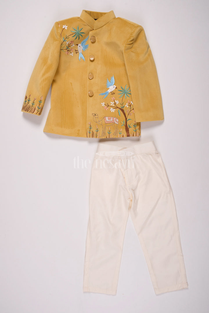 The Nesavu Boys Casual Set Boys Velvet Casual Dress with Designer Embroidery and Classic Cream Pants Nesavu 16 (1Y) / Gold BES613A-16 Nesavu Boys Velvet Casual Dress Designer Embroidery Tailored Cream Pants