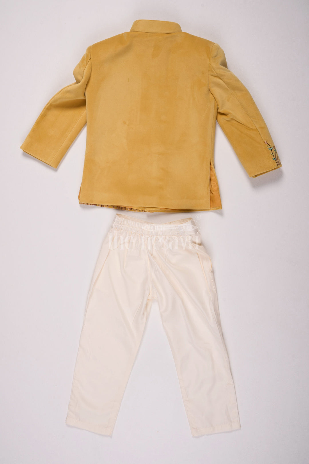 The Nesavu Boys Casual Set Boys Velvet Casual Dress with Designer Embroidery and Classic Cream Pants Nesavu Nesavu Boys Velvet Casual Dress Designer Embroidery Tailored Cream Pants