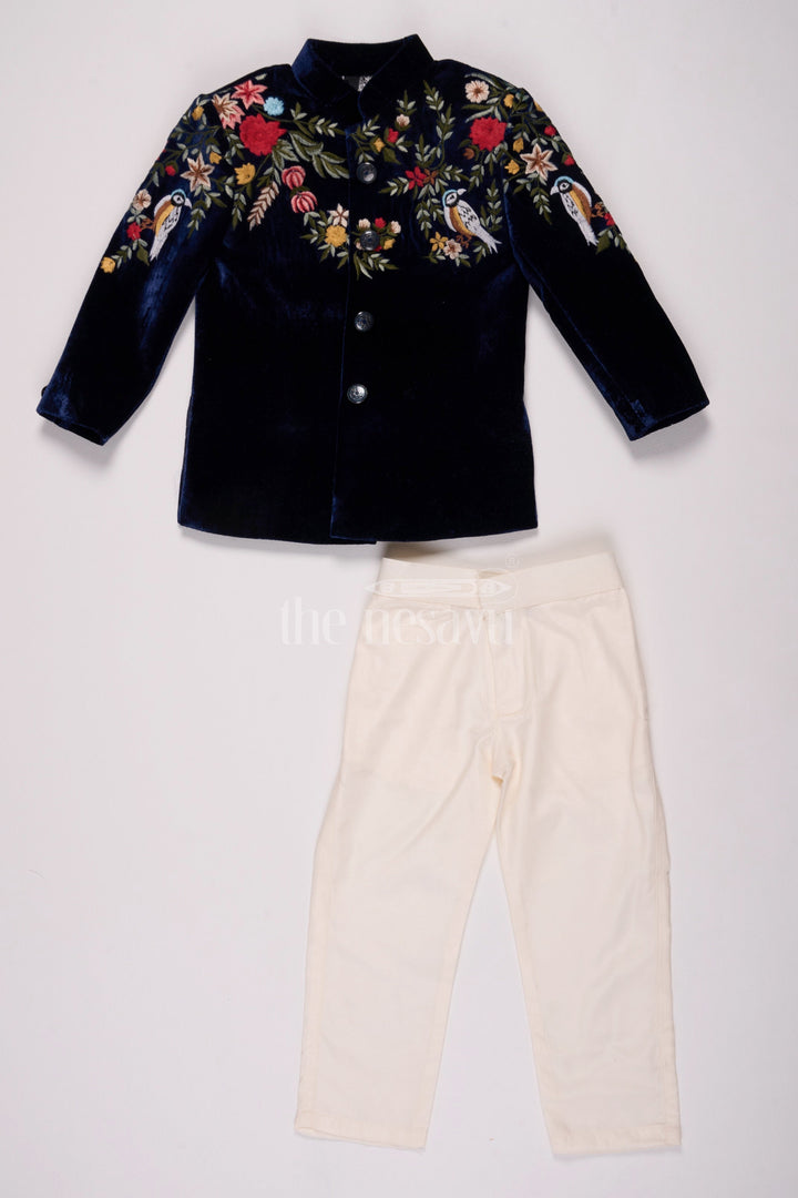 The Nesavu Boys Casual Set Boys Velvet Christmas Shirt with Intricate Floral Embroidery and Coordinated Pants Nesavu 16 (1Y) / Cream BES614A-16 Nesavu Boys Velvet Christmas Shirt Embroidered Jacket Cream Pants