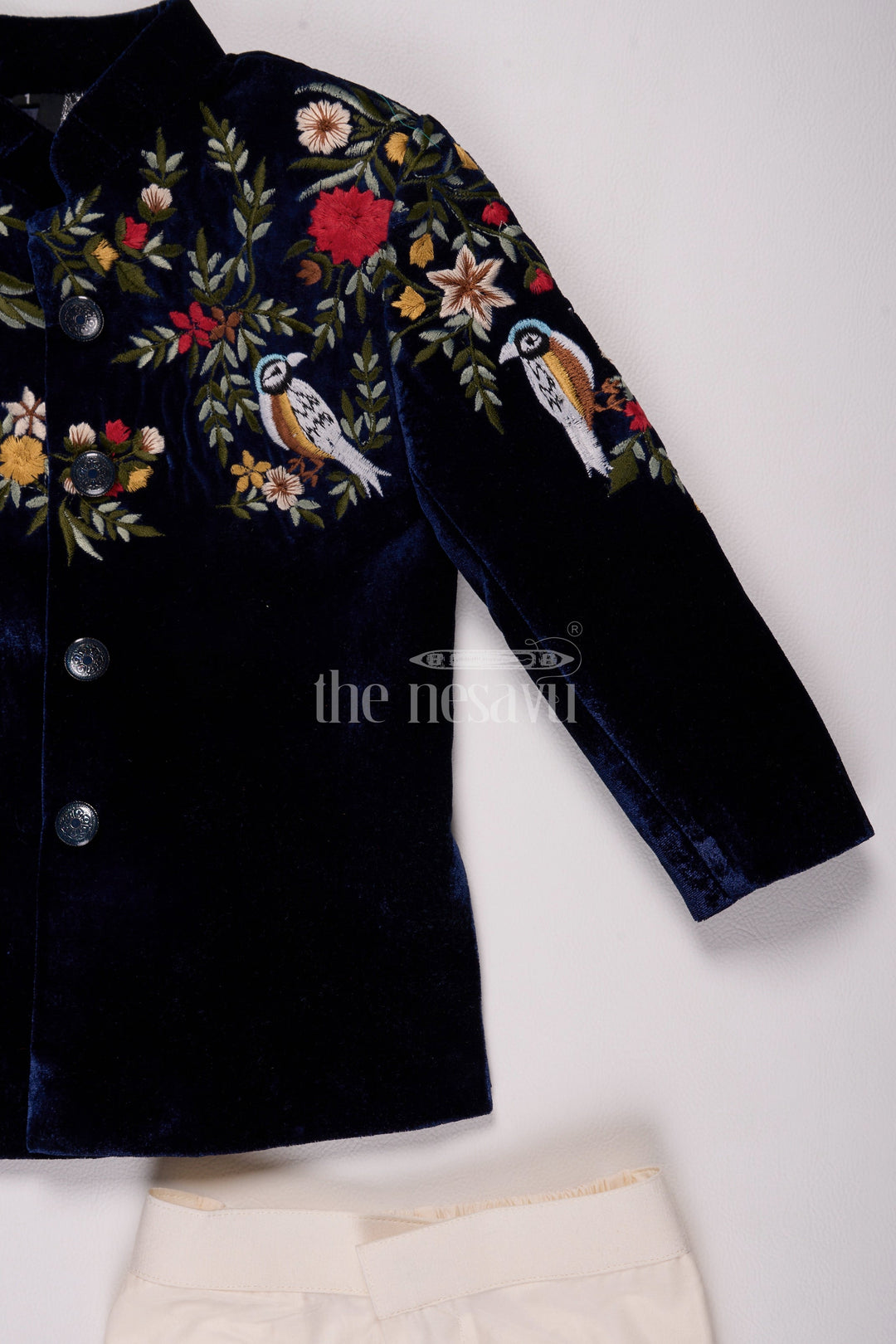 The Nesavu Boys Casual Set Boys Velvet Christmas Shirt with Intricate Floral Embroidery and Coordinated Pants Nesavu Nesavu Boys Velvet Christmas Shirt Embroidered Jacket Cream Pants