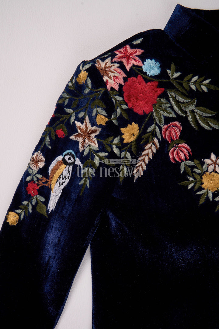 The Nesavu Boys Casual Set Boys Velvet Christmas Shirt with Intricate Floral Embroidery and Coordinated Pants Nesavu Nesavu Boys Velvet Christmas Shirt Embroidered Jacket Cream Pants