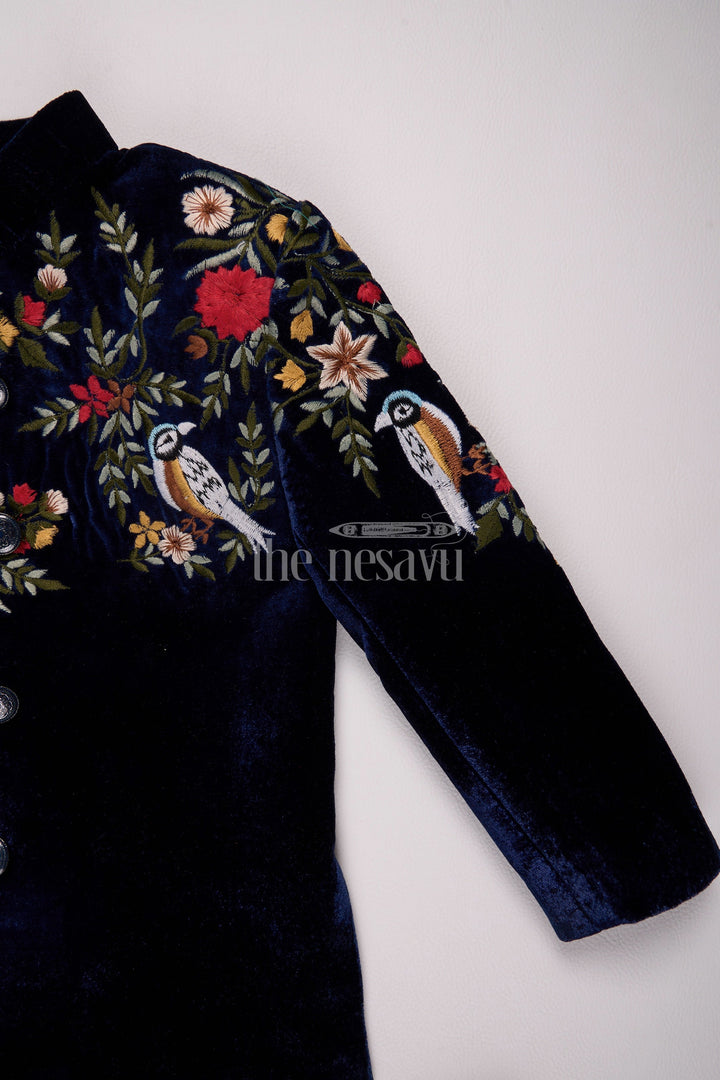 The Nesavu Boys Casual Set Boys Velvet Christmas Shirt with Intricate Floral Embroidery and Coordinated Pants Nesavu Nesavu Boys Velvet Christmas Shirt Embroidered Jacket Cream Pants