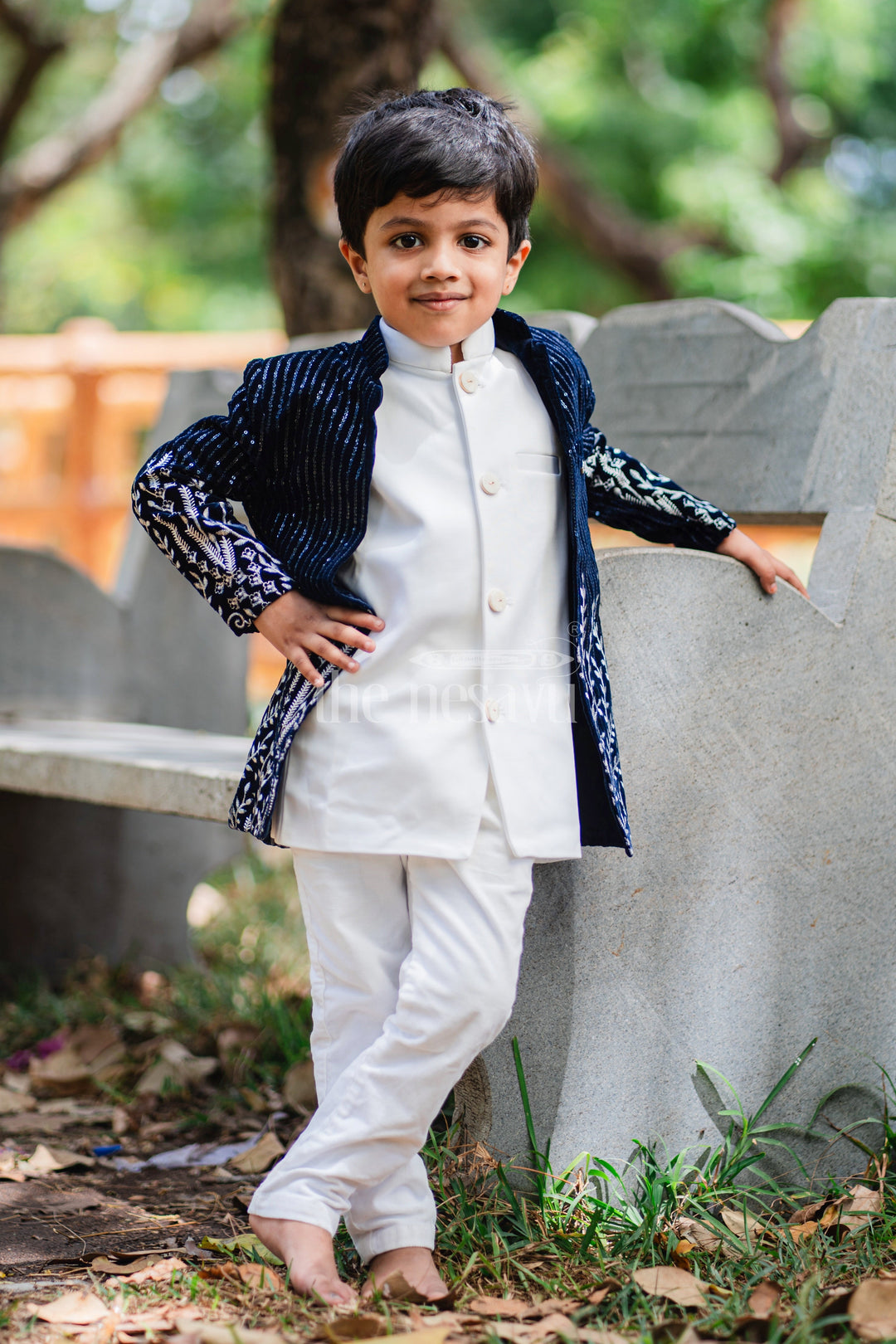 The Nesavu Boys Blazer Set Boys Velvet Sherwani Set in Blue with Embroidered Jacket and White Pants Nesavu Nesavu Boys Blue Velvet Sherwani Set Embroidered Jacket White Pants Formal Occasions