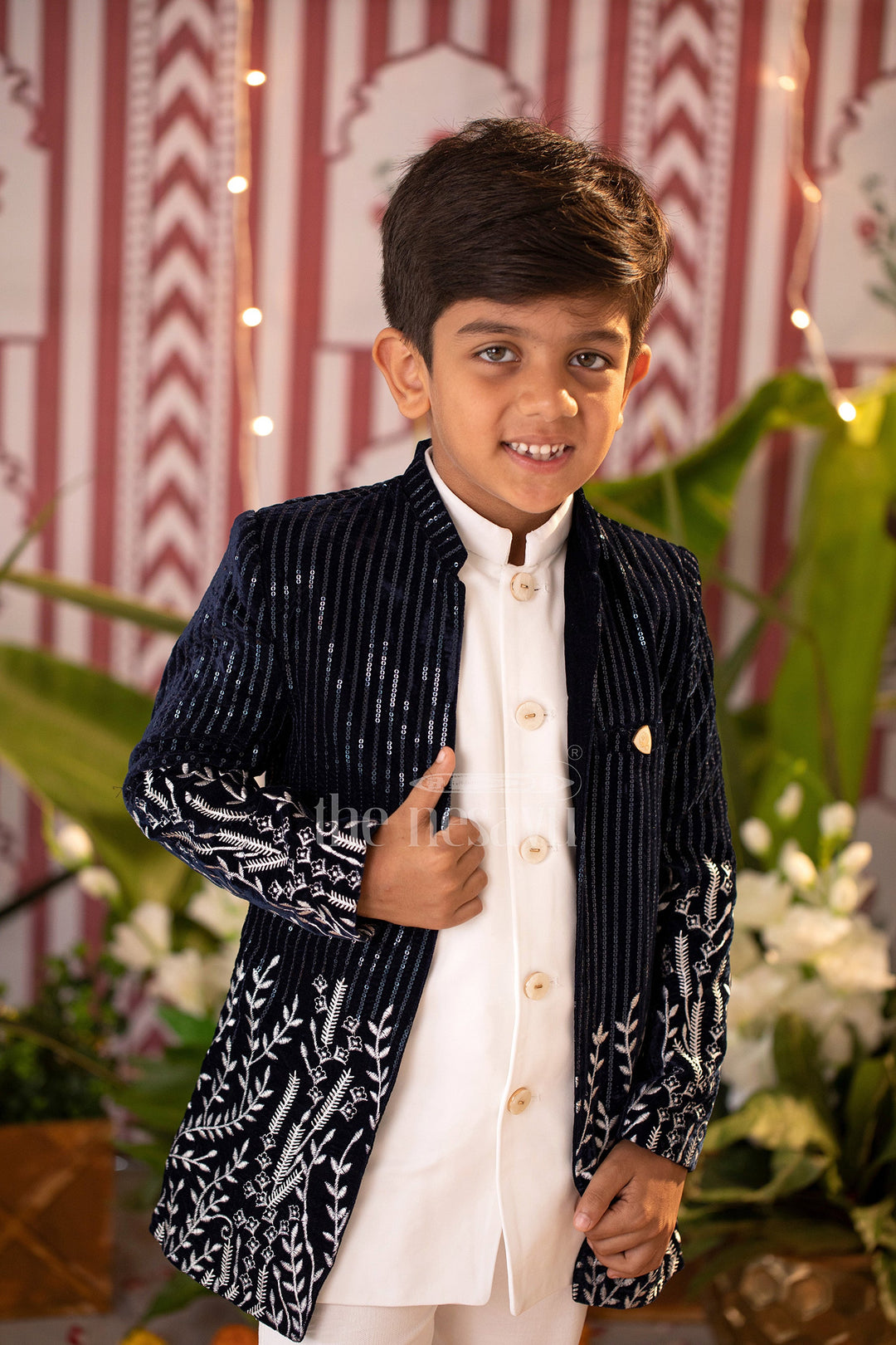 The Nesavu Boys Blazer Set Boys Velvet Sherwani Set in Blue with Embroidered Jacket and White Pants Nesavu Nesavu Boys Blue Velvet Sherwani Set Embroidered Jacket White Pants Formal Occasions