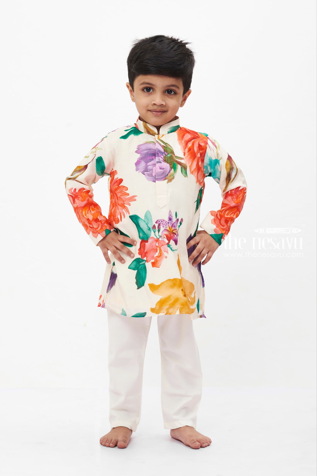 The Nesavu Boys Kurtha Set Boys' Vibrant Floral Ethnic Kurta with White Pants Set Nesavu 14 (6M) / White / Silk Blend BES475A-14 Ethnic Floral Kurta and White Pant Set for Boys | Boys Ethnic Wear | The Nesavu