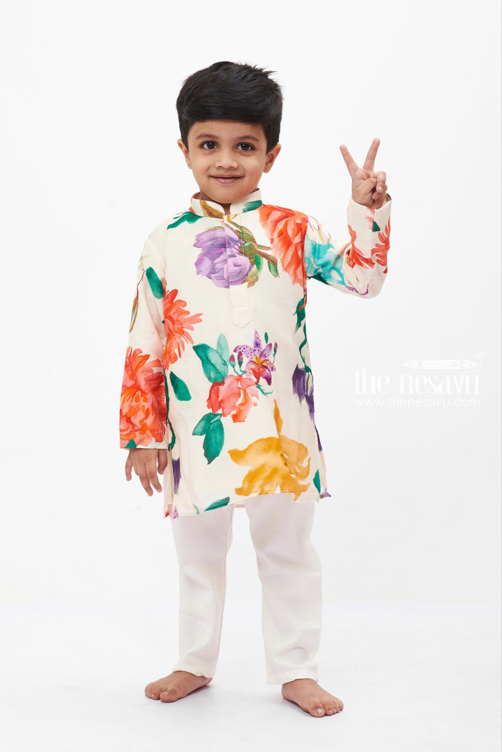 The Nesavu Boys Kurtha Set Boys' Vibrant Floral Ethnic Kurta with White Pants Set Nesavu Ethnic Floral Kurta and White Pant Set for Boys | Boys Ethnic Wear | The Nesavu