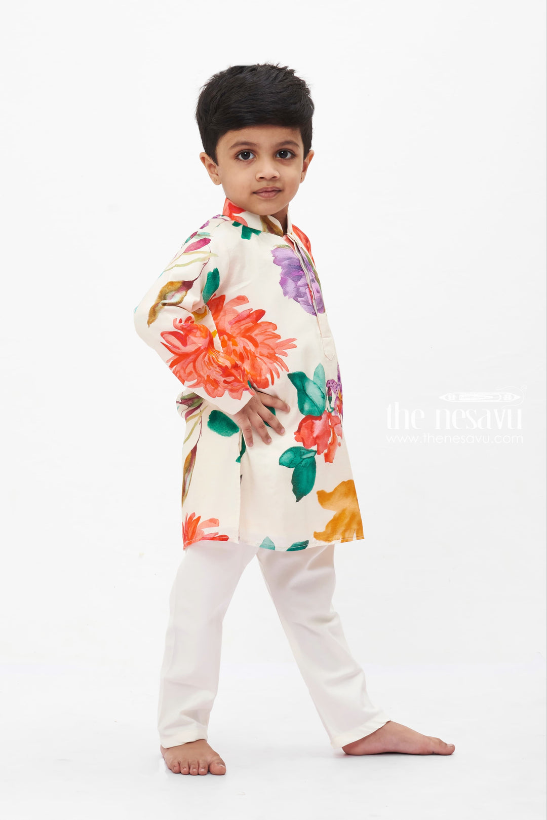 The Nesavu Boys Kurtha Set Boys' Vibrant Floral Ethnic Kurta with White Pants Set Nesavu Ethnic Floral Kurta and White Pant Set for Boys | Boys Ethnic Wear | The Nesavu