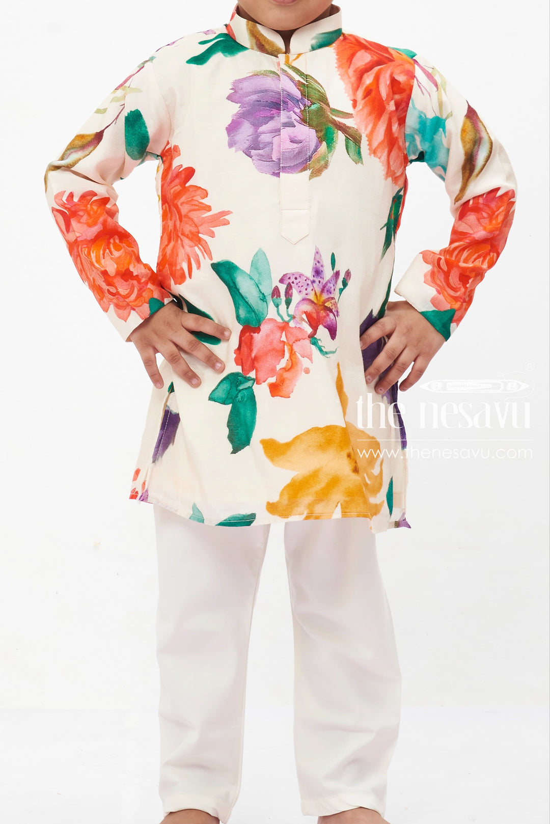 The Nesavu Boys Kurtha Set Boys' Vibrant Floral Ethnic Kurta with White Pants Set Nesavu Ethnic Floral Kurta and White Pant Set for Boys | Boys Ethnic Wear | The Nesavu