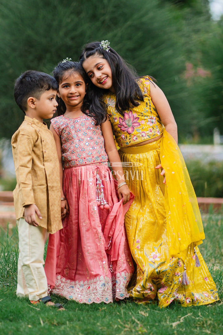 The Nesavu Boys Dothi Set Boys Yellow Cotton Dhoti Set with Vibrant Fish Motifs for Festive Events and Cultural Celebrations Nesavu Nesavu Boys Yellow Dhoti Set Fish Motifs Side-Button Kurta Festivals Celebrations