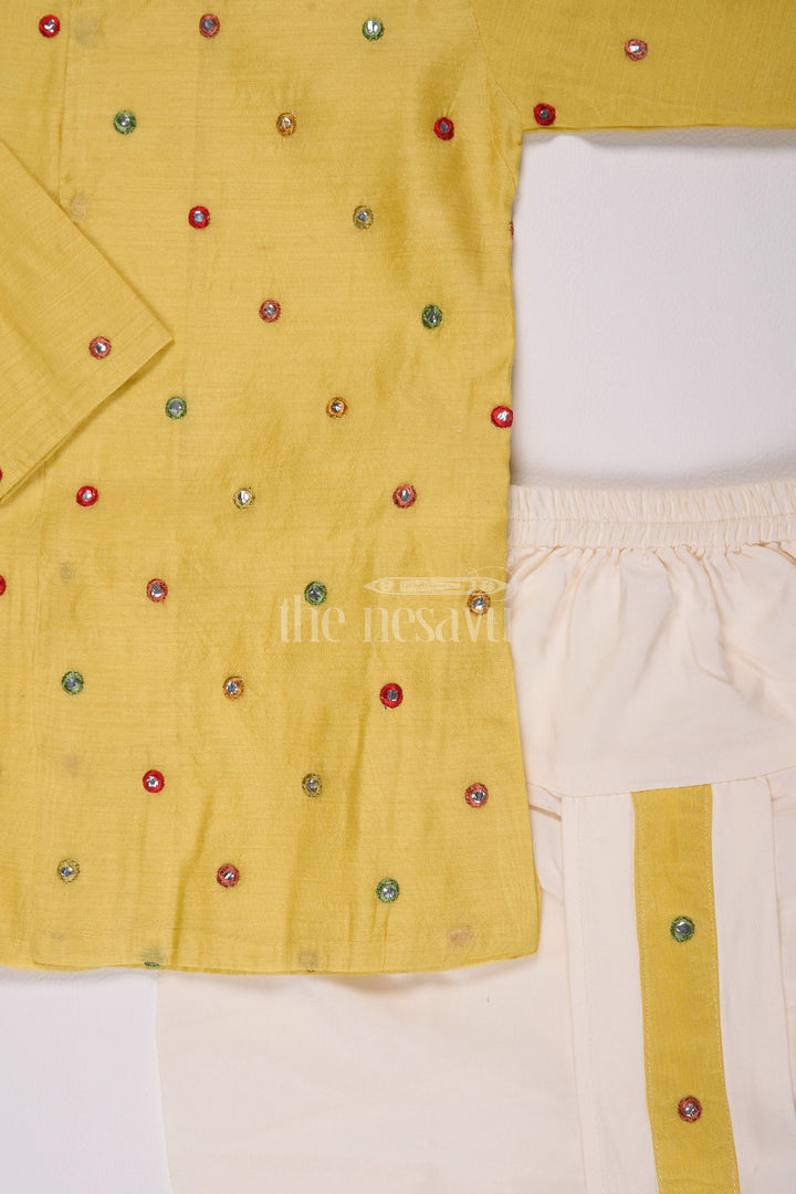 The Nesavu Boys Dothi Set Boys Yellow Dhoti Style Dress in Chanderi with Embroidered Accents Nesavu Nesavu Boys Yellow Chanderi Dhoti Style Outfit Festive Embroidery