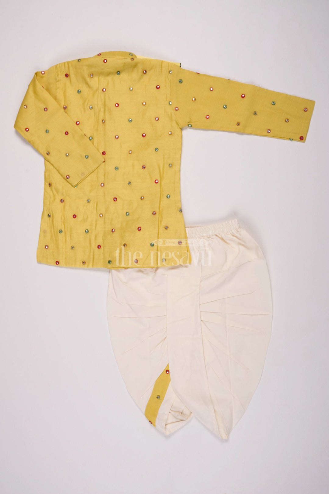 The Nesavu Boys Dothi Set Boys Yellow Dhoti Style Dress in Chanderi with Embroidered Accents Nesavu Nesavu Boys Yellow Chanderi Dhoti Style Outfit Festive Embroidery