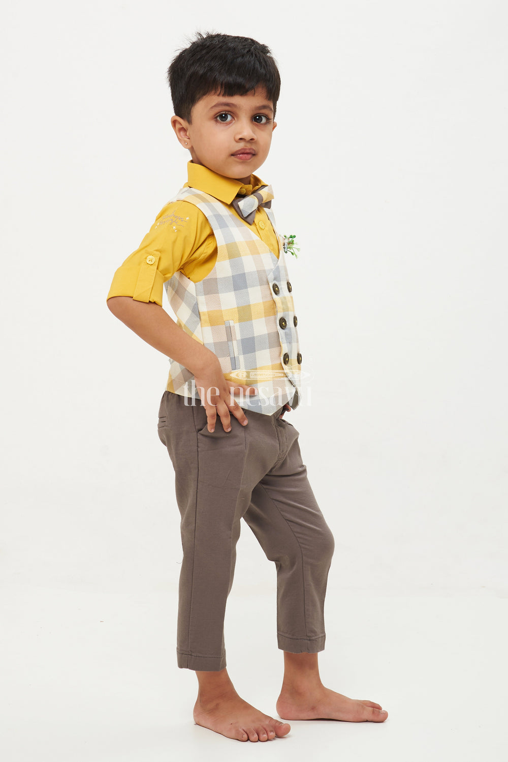 The Nesavu Boys Casual Set Boys Yellow Waistcoat Co Ord Set with Striped Design Nesavu Boys Yellow Waistcoat Co Ord Set with Striped Design - Perfect for Festive Events