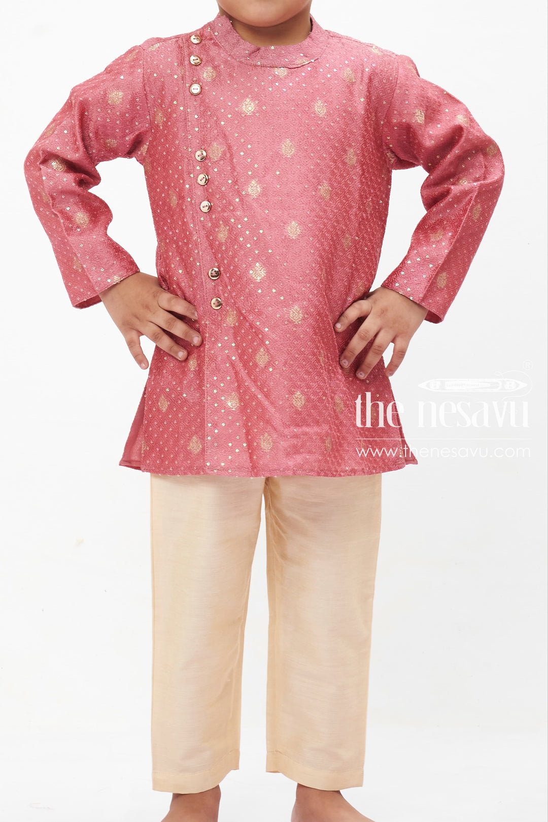 The Nesavu Boys Kurtha Set Boys Zari Embroidered Kurta with Cream Pant - Ethnic Elegance for Special Occasions Nesavu Sparkling Festive Outfit for Kids | Starry Night Collection | The Nesavu