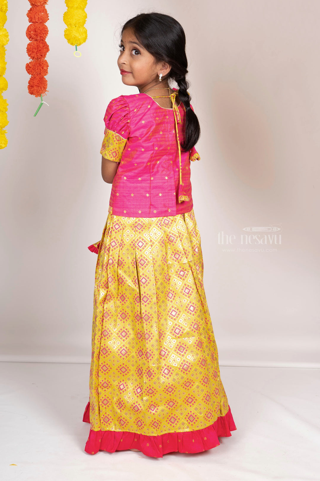 The Nesavu Pattu Pavadai Bright Neon Green With Pink Semi Jacquard Silk Pattu Pavada Sattai For Girls Nesavu Pattu Pavadai For Girls | Indian Traditional Langa Voni | The Nesavu