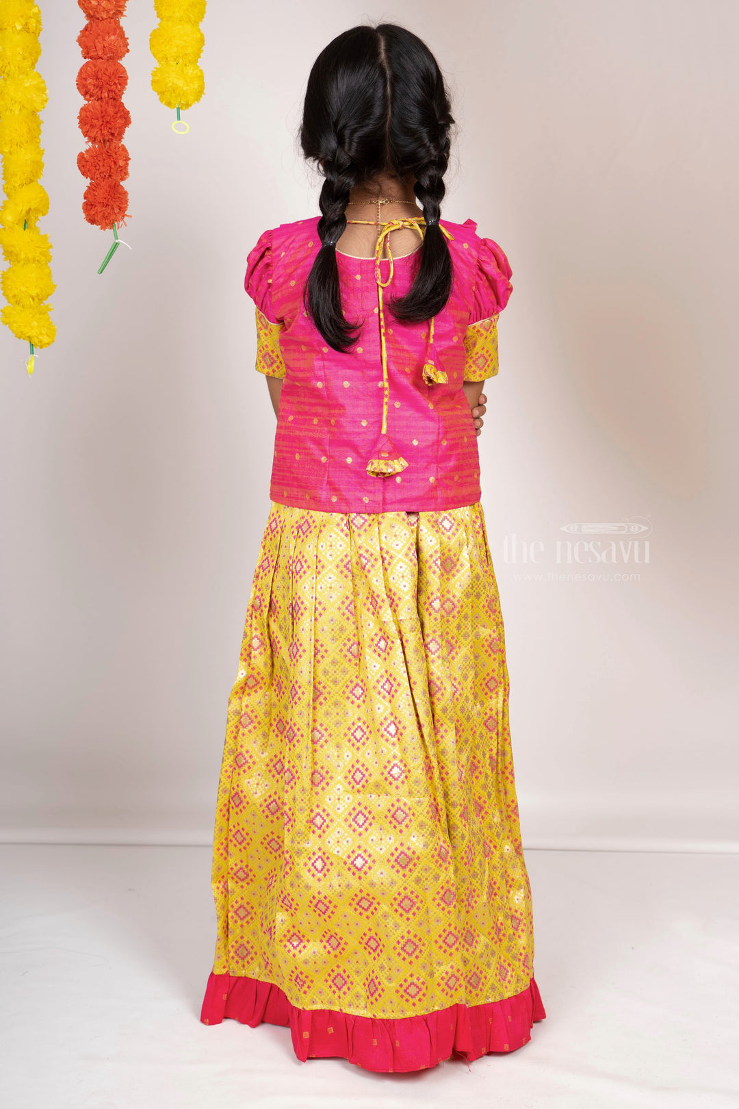 The Nesavu Pattu Pavadai Bright Neon Green With Pink Semi Jacquard Silk Pattu Pavada Sattai For Girls Nesavu Pattu Pavadai For Girls | Indian Traditional Langa Voni | The Nesavu