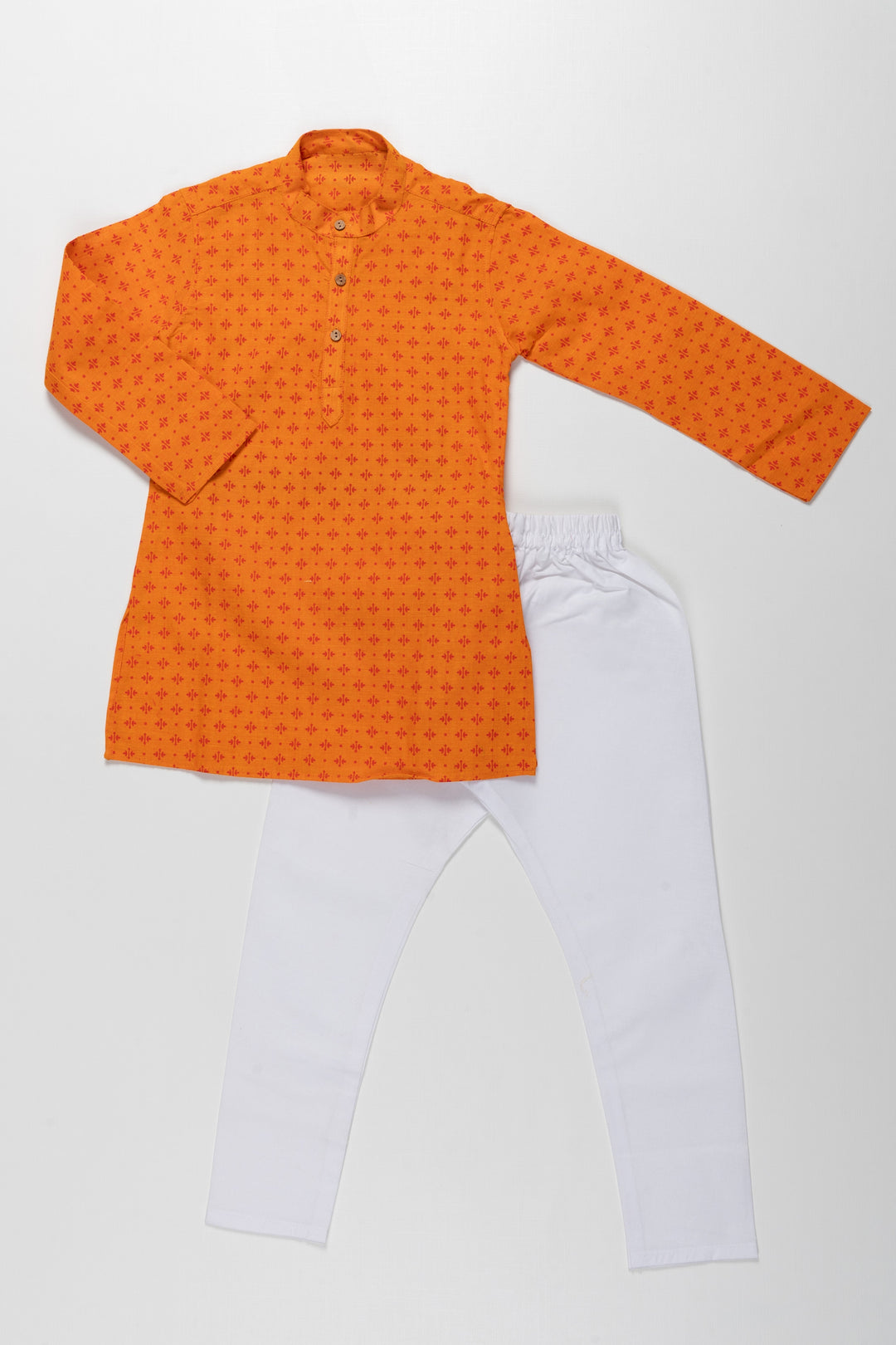 The Nesavu Boys Kurtha Set Bright Orange Printed Kurta with White Pajama Set for Kids - Festive Traditional Wear Nesavu 14 (6M) / Orange BES52-14 Bright Orange Printed Kurta with White Pajama Set for Kids | Traditional Festive Wear | The Nesavu