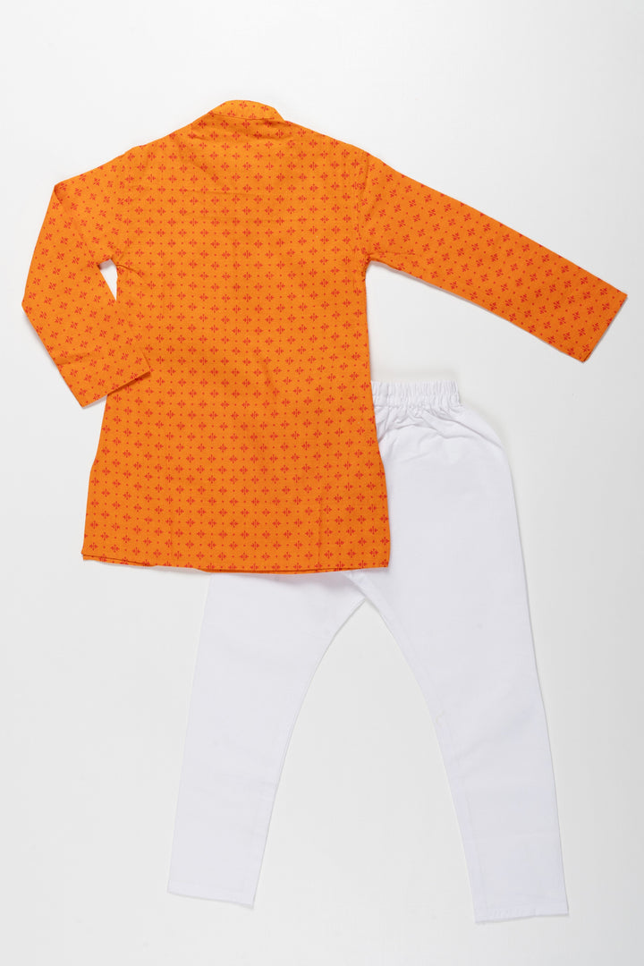 The Nesavu Boys Kurtha Set Bright Orange Printed Kurta with White Pajama Set for Kids - Festive Traditional Wear Nesavu 18 (2Y) / Orange BES52-18 Bright Orange Printed Kurta with White Pajama Set for Kids | Traditional Festive Wear | The Nesavu