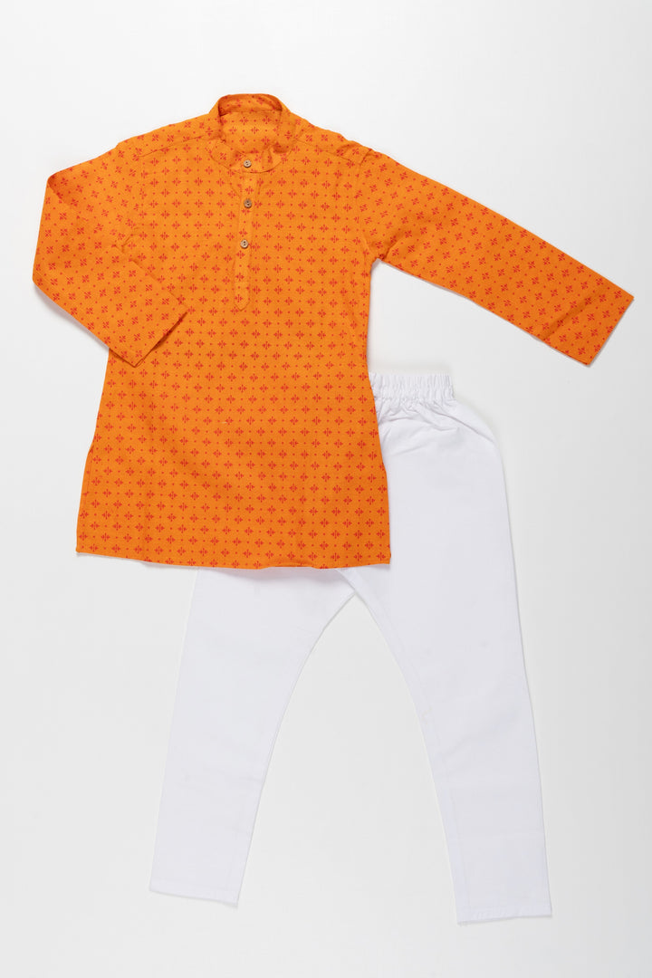 The Nesavu Boys Kurtha Set Bright Orange Printed Kurta with White Pajama Set for Kids - Festive Traditional Wear Nesavu 18 (2Y) / Orange BES52-18 Bright Orange Printed Kurta with White Pajama Set for Kids | Traditional Festive Wear | The Nesavu