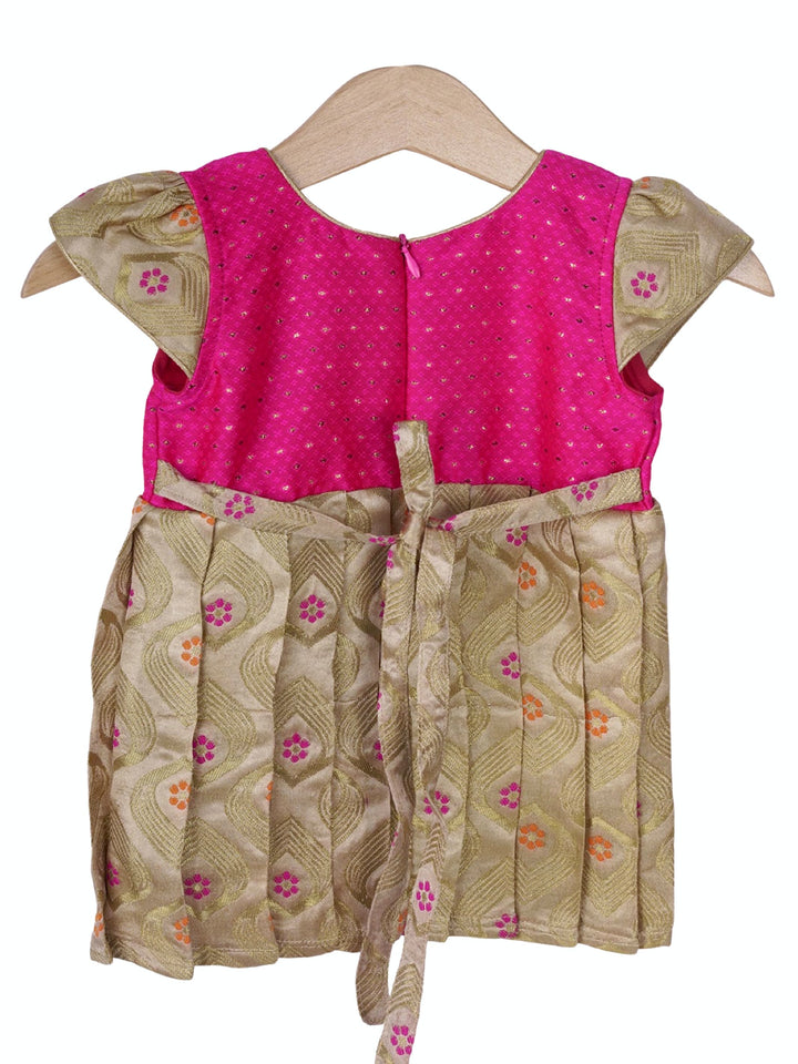 Bright Pink With Cream Art Silk Frock For New Born Baby Girls