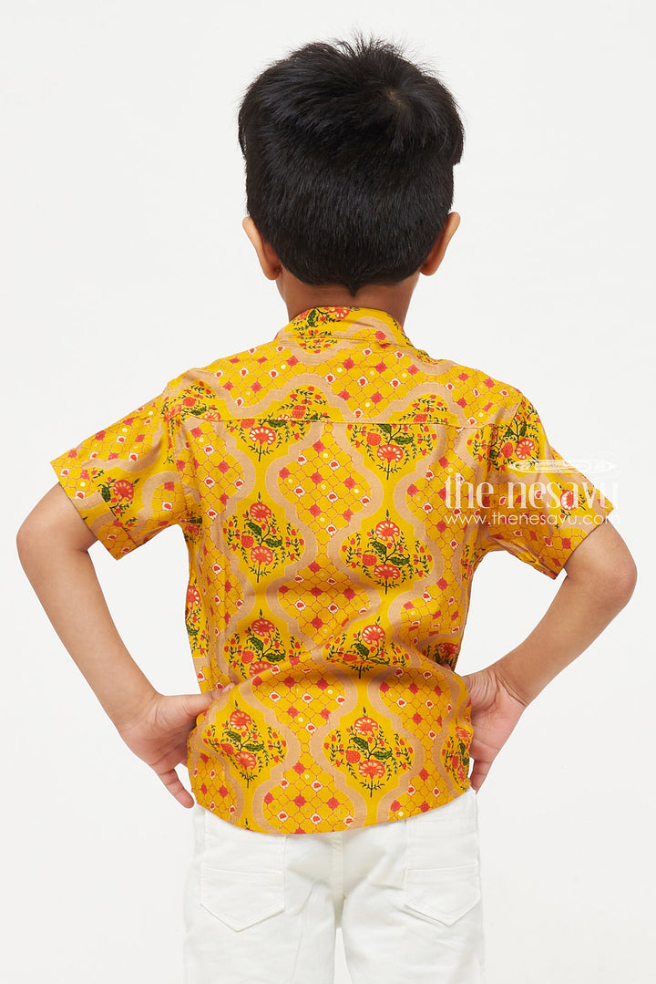 The Nesavu Boys Cotton Shirt Bright Yellow Boys Chanderi Shirt with Traditional Floral Print Nesavu Bright Yellow Boys Chanderi Shirt with Traditional Floral Print | Festive Wear | The Nesavu