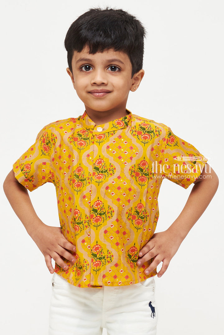 The Nesavu Boys Cotton Shirt Bright Yellow Boys Chanderi Shirt with Traditional Floral Print Nesavu Bright Yellow Boys Chanderi Shirt with Traditional Floral Print | Festive Wear | The Nesavu