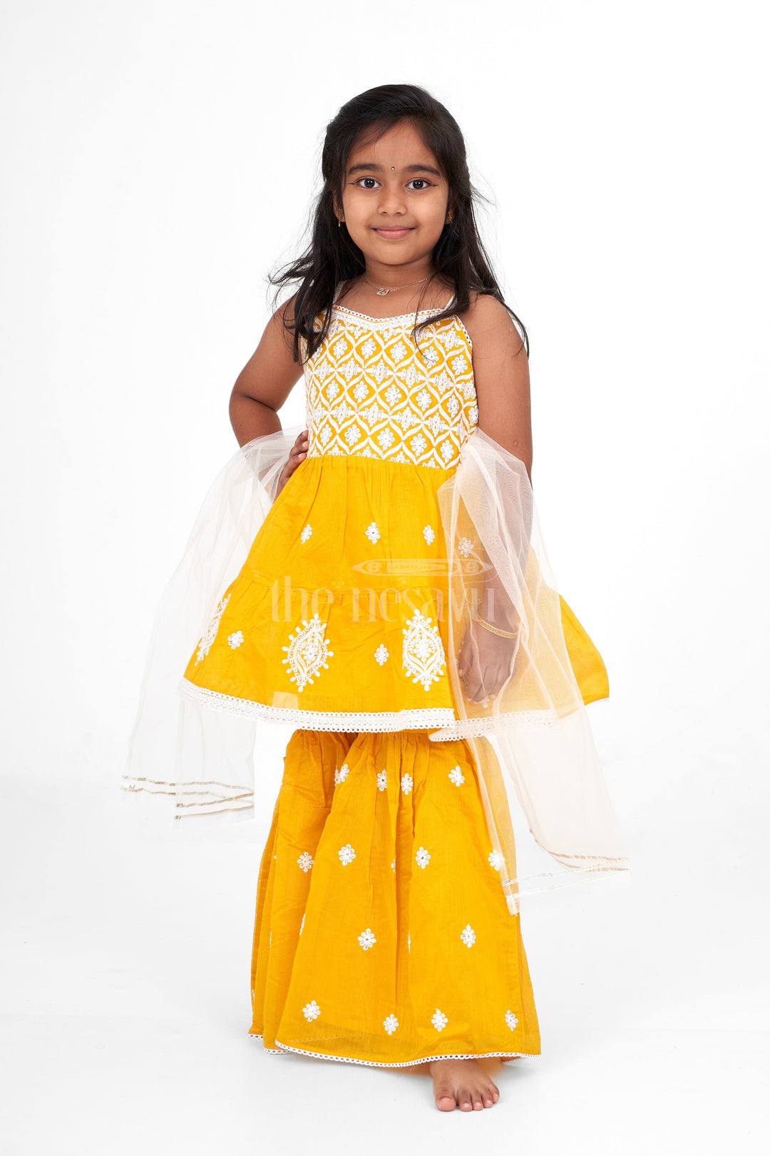 The Nesavu Girls Sharara / Plazo Set Bright Yellow Sharara for Haldi in Chanderi with Intricate Embroidery Nesavu Nesavu Yellow Sharara Haldi Chanderi Embroidery  Perfect Pre-Wedding Celebrations