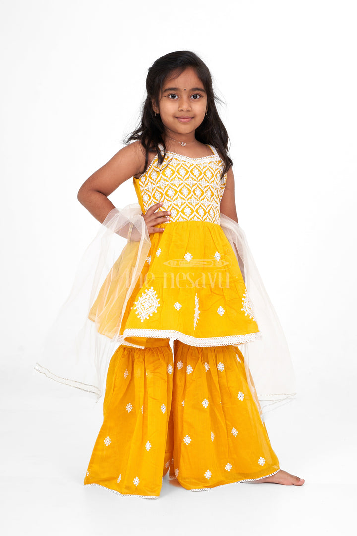 The Nesavu Girls Sharara / Plazo Set Bright Yellow Sharara for Haldi in Chanderi with Intricate Embroidery Nesavu Nesavu Yellow Sharara Haldi Chanderi Embroidery  Perfect Pre-Wedding Celebrations