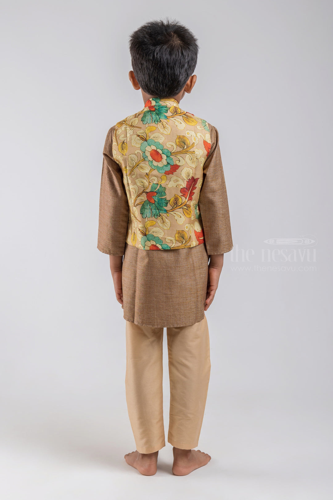 The Nesavu Boys Jacket Sets Brown Handloom Cotton Kurta N Pure Silk Kalamkari Printed Jacket For Boys psr silks Nesavu