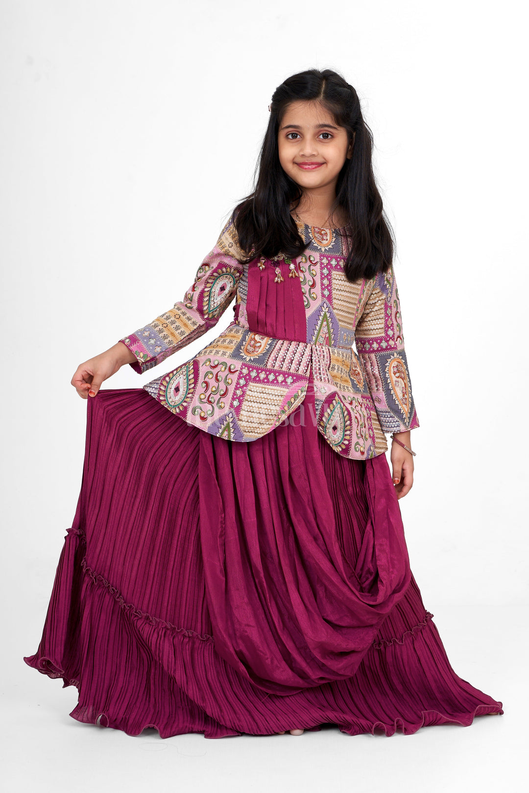 The Nesavu Girls Party Gown Burgundy Girls Party Gown with Patchwork Embellishment and 3/4 Sleeves, Formal & Gown Diwali Dress for Women Nesavu 20 (3Y) / Maroon GA270B-20 Nesavu Girls Burgundy Party Gown Patchwork Diwali Blended Silk Formal Gown Special Occasions